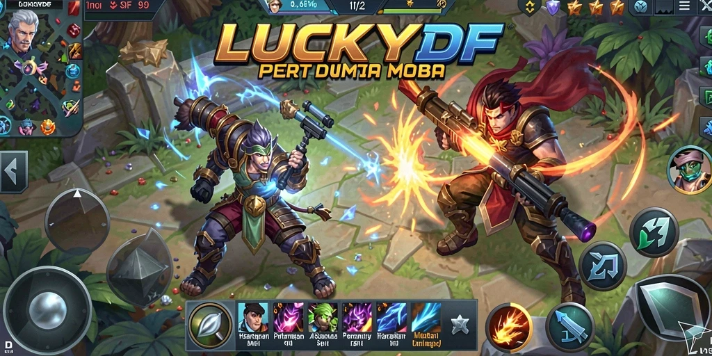 Screenshot gameplay LUCKYDF menampilkan pertempuran seru antar pahlawan.