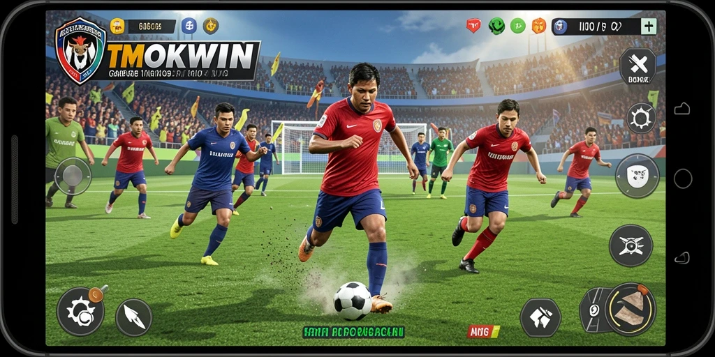 Screenshot TMOKWIN menampilkan aksi seru dalam permainan sepak bola.